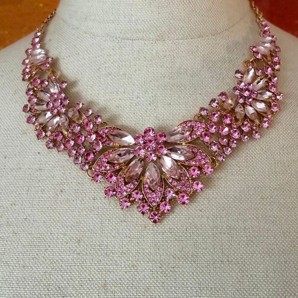 Pink Rhinestone Floral Statement Necklace Gold Tone Crystal Bib Necklace